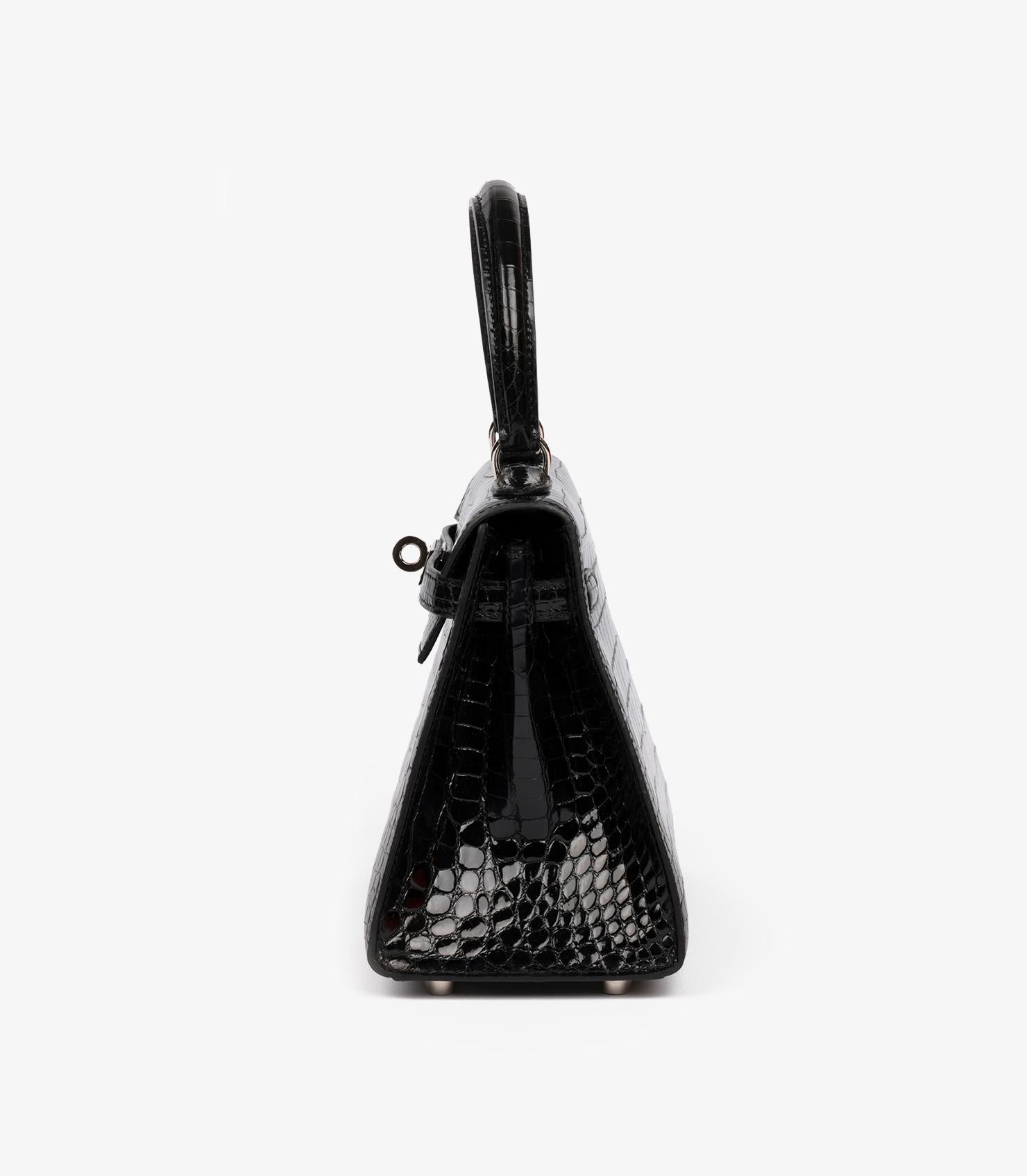 Hermès Vintage Kelly 20cm Sellier en cuir de crocodile Porosus noir brillant Pour femmes en vente