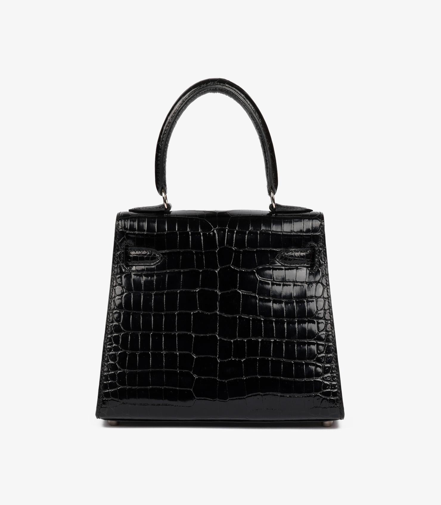 Hermès Vintage Kelly 20cm Sellier en cuir de crocodile Porosus noir brillant en vente 2