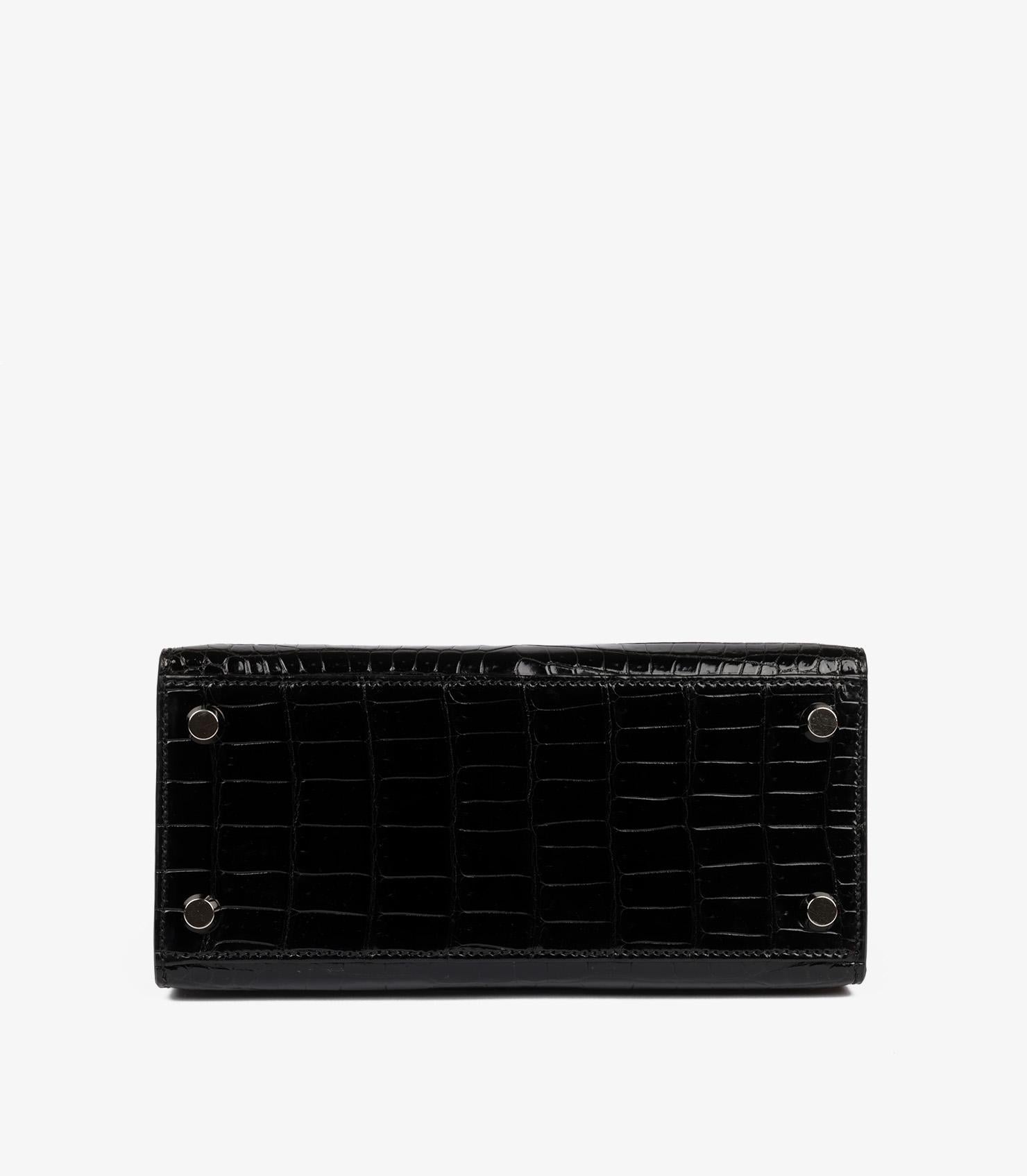 Hermès Vintage Kelly 20cm Sellier en cuir de crocodile Porosus noir brillant en vente 2