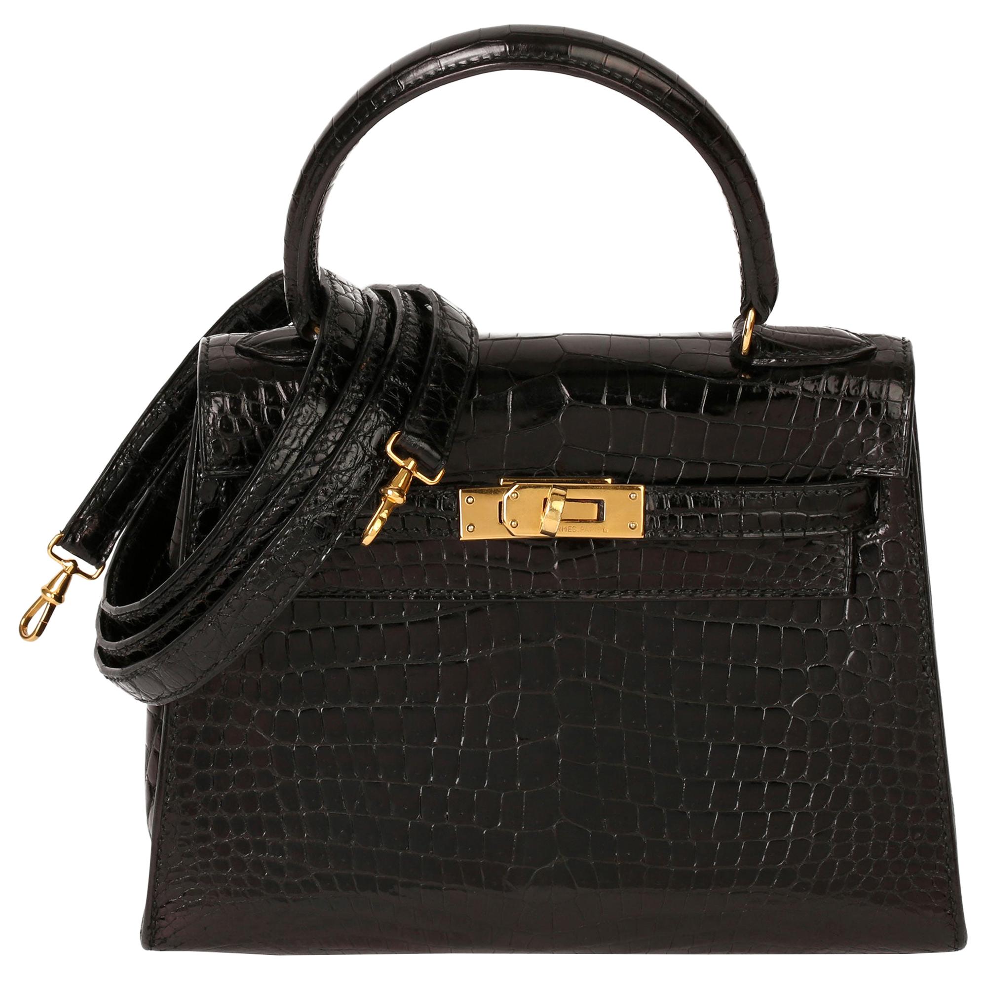 Hermès Black Shiny Porosus Crocodile Leather Vintage Kelly 20cm Sellier