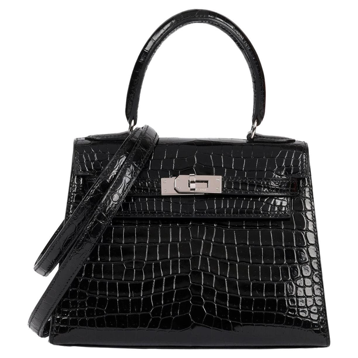 Hermès Vintage Kelly 20cm Sellier en cuir de crocodile Porosus noir brillant en vente