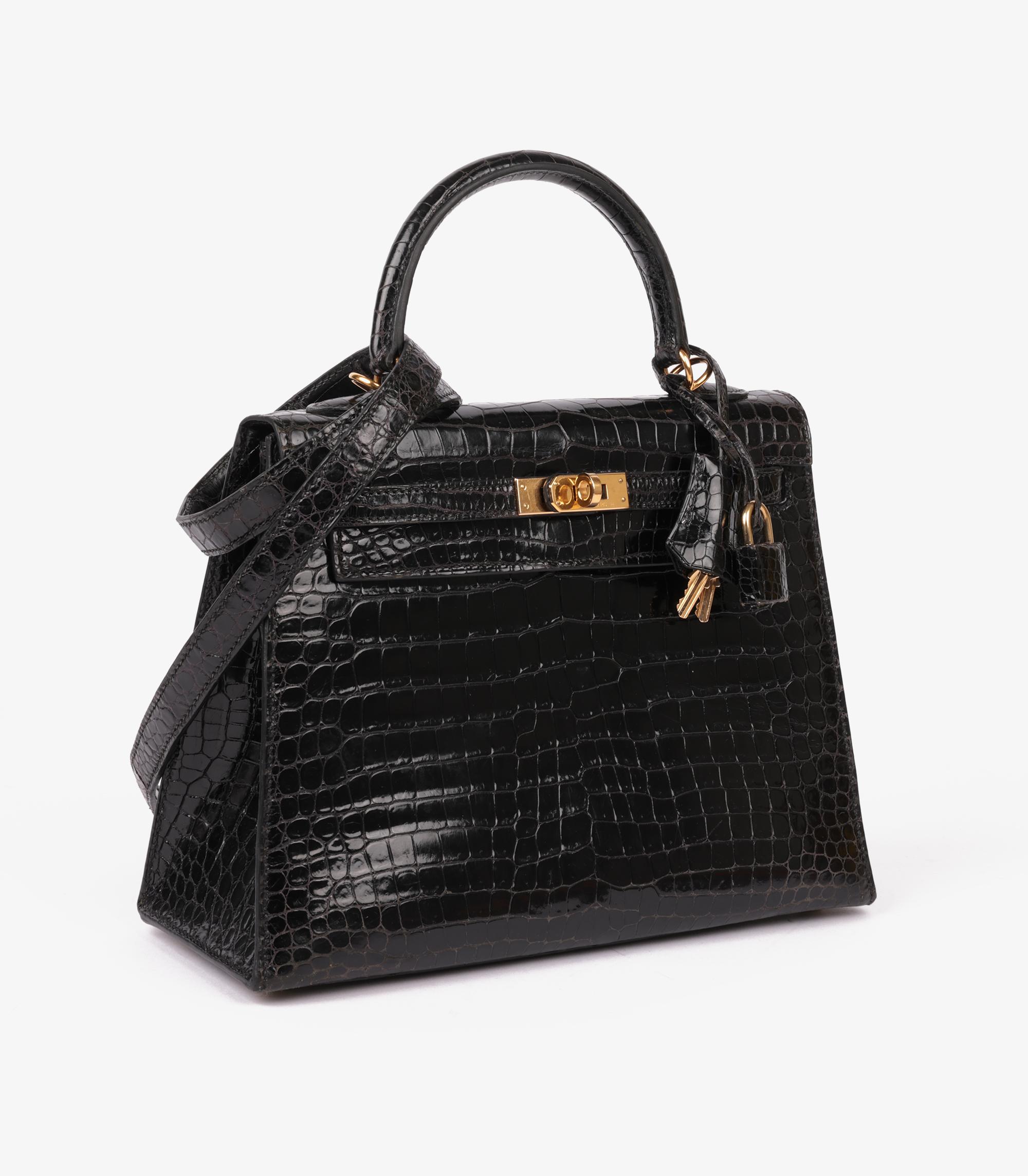 Hermès Black Shiny Porosus Crocodile Leather Vintage Kelly 25cm Sellier 6