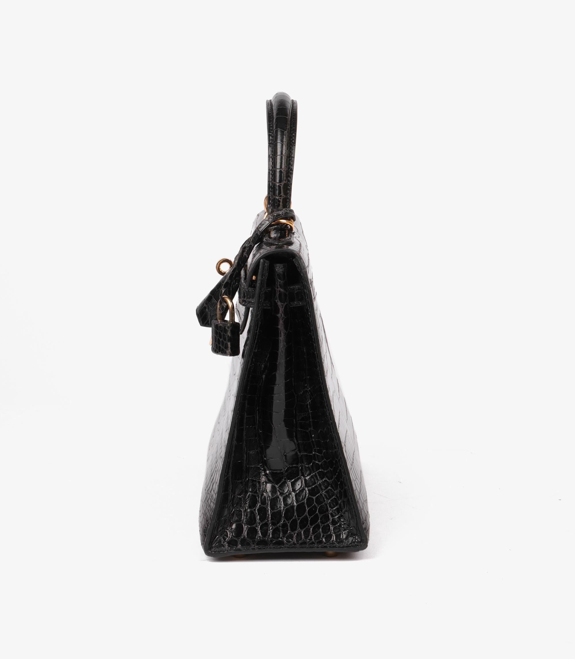 Hermès Black Shiny Porosus Crocodile Leather Vintage Kelly 25cm Sellier In Good Condition In Bishop's Stortford, Hertfordshire