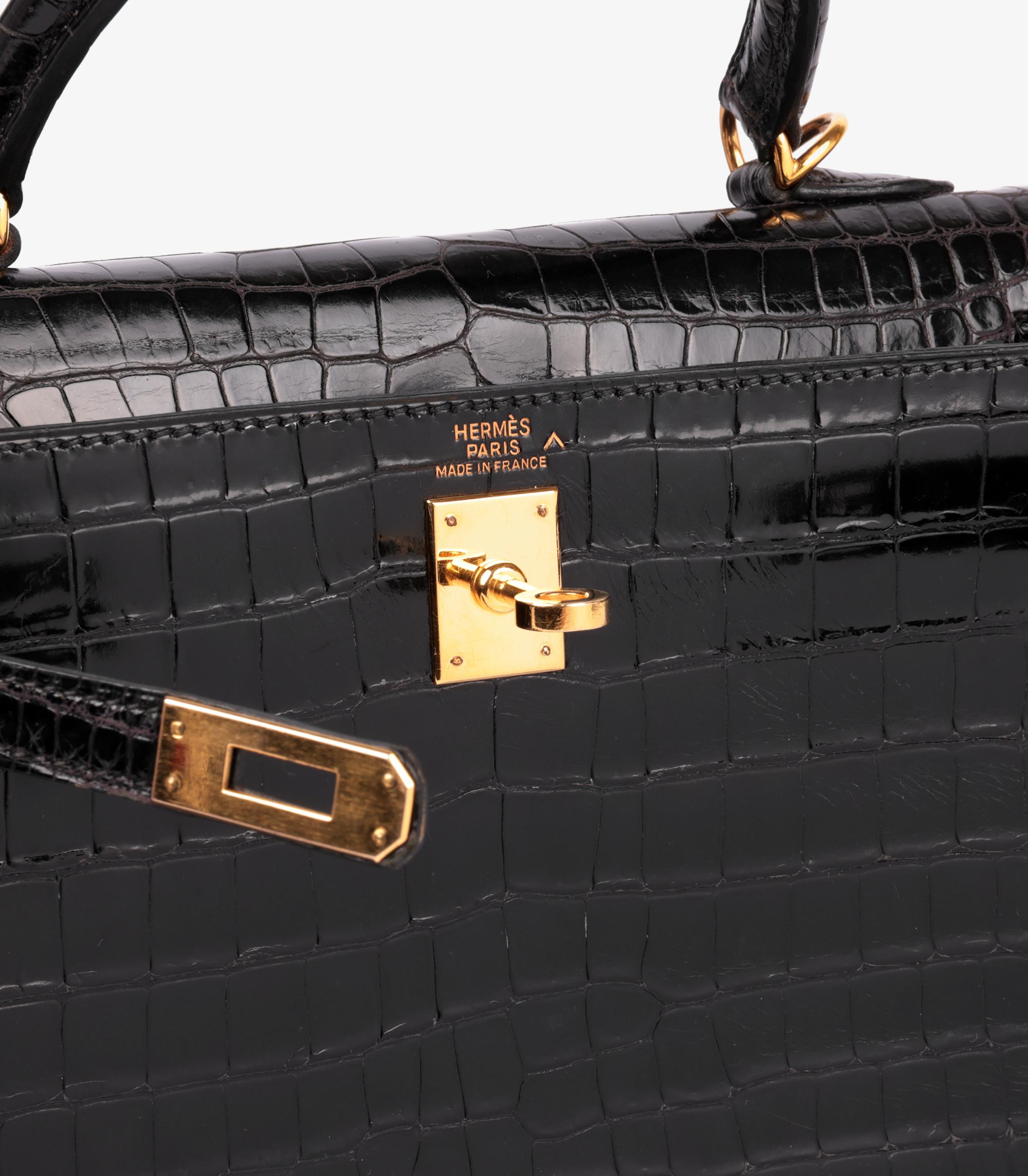 Hermès Black Shiny Porosus Crocodile Leather Vintage Kelly 25cm Sellier 2