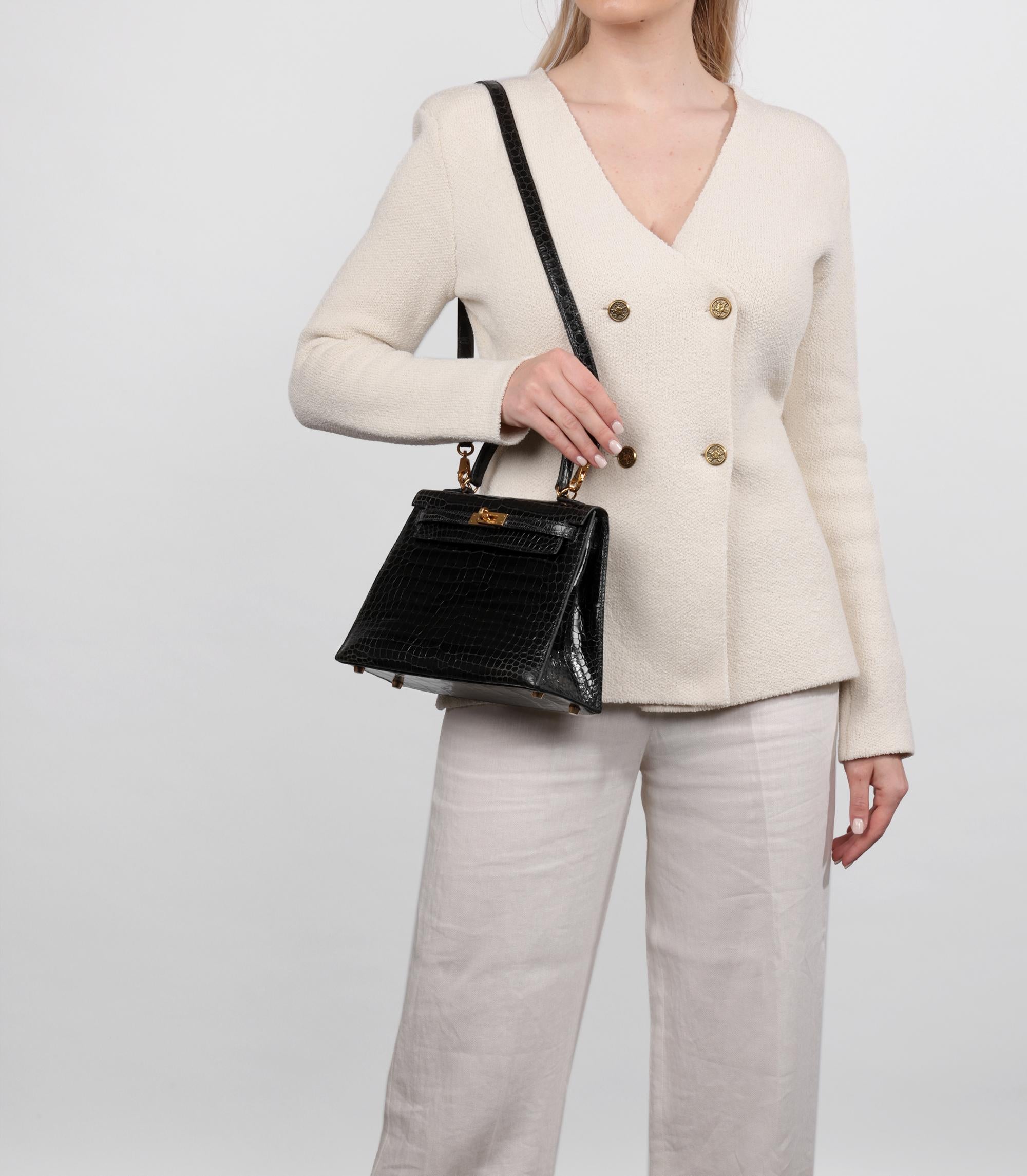 Hermès Black Shiny Porosus Crocodile Leather Vintage Kelly 25cm Sellier 5
