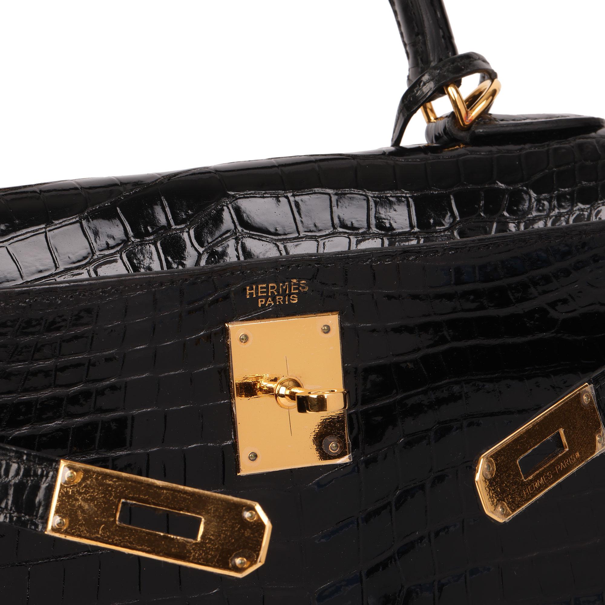 Women's Hermès BLACK SHINY POROSUS CROCODILE LEATHER VINTAGE KELLY 28CM SELLIER