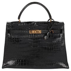 Hermès Black Shiny Porosus Crocodile Leather Vintage Kelly 32cm Sellier