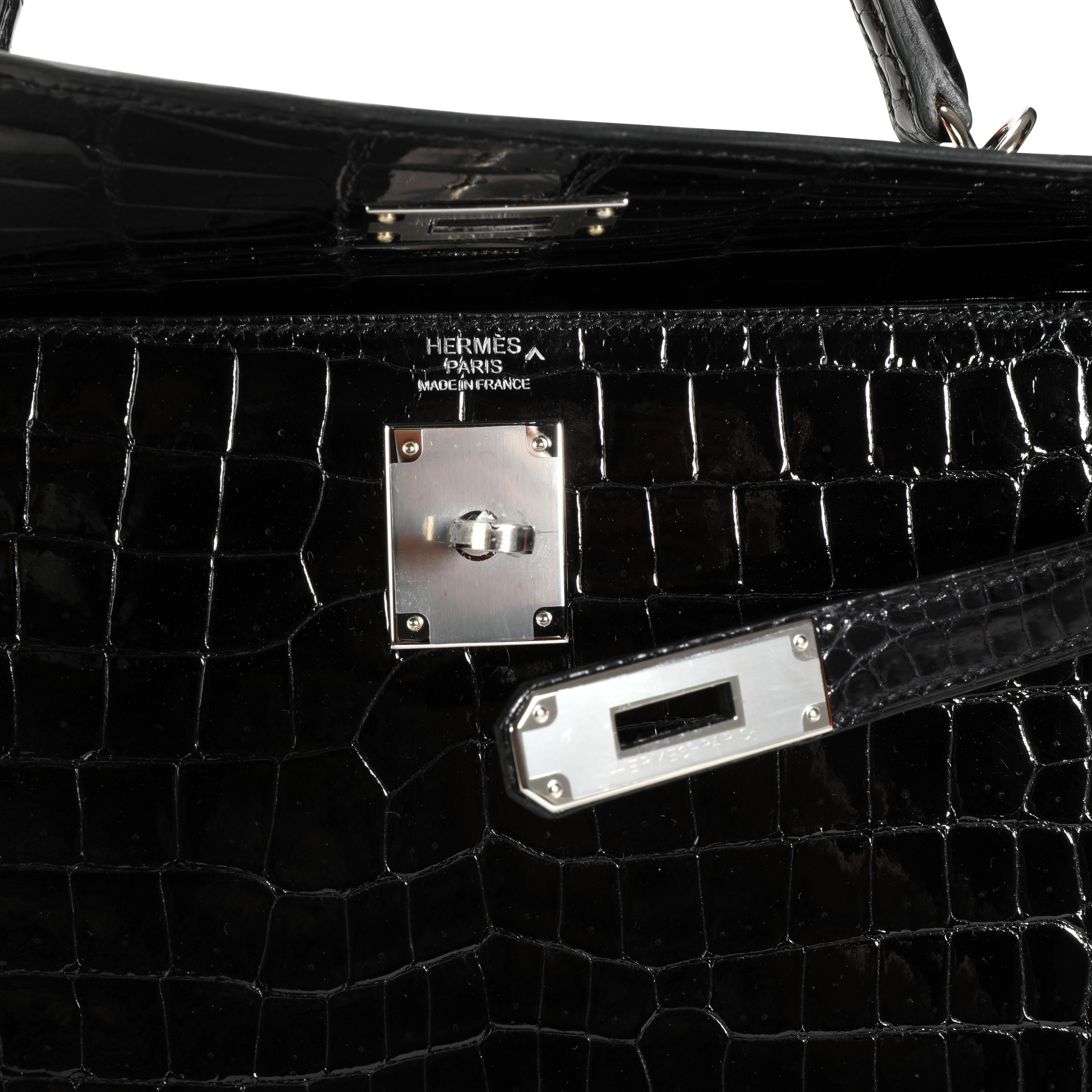 Hermès Black Shiny Porosus Crocodile Sellier Kelly 32 PHW
SKU: 110339

Handbag Condition: Mint
Condition Comments: Mint Condition. Plastic on hardware. No visible signs of wear.
Brand: Hermès
Model: Kelly

Origin Country: France
Handbag Silhouette:
