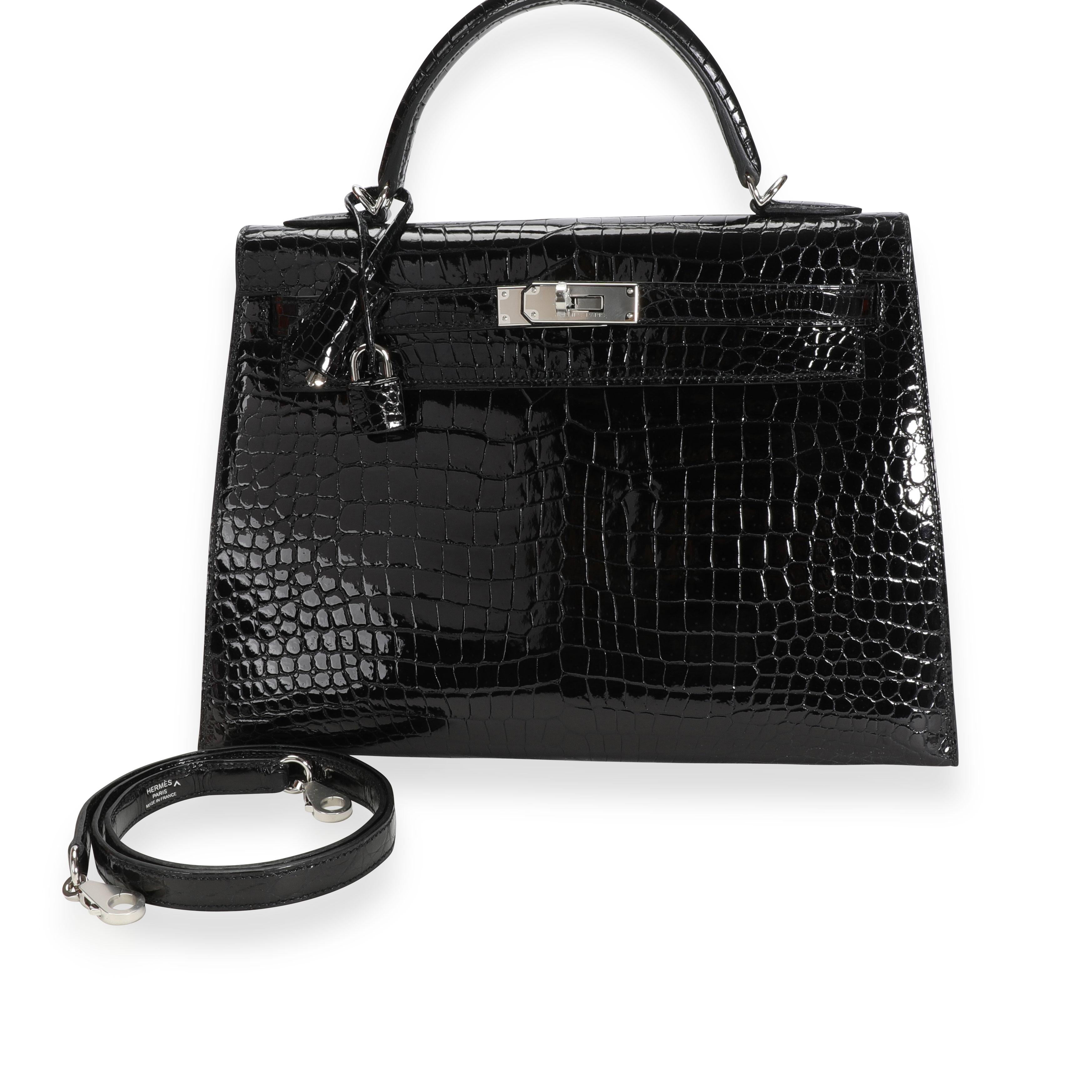 Hermès Black Shiny Porosus Crocodile Sellier Kelly 32 PHW In Excellent Condition In New York, NY