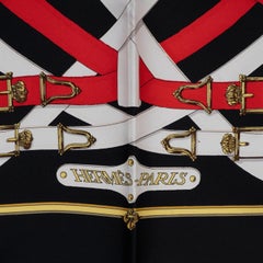 HERMES black silk CAVALCADOUR 90 Scarf Noir Blanc Rouge