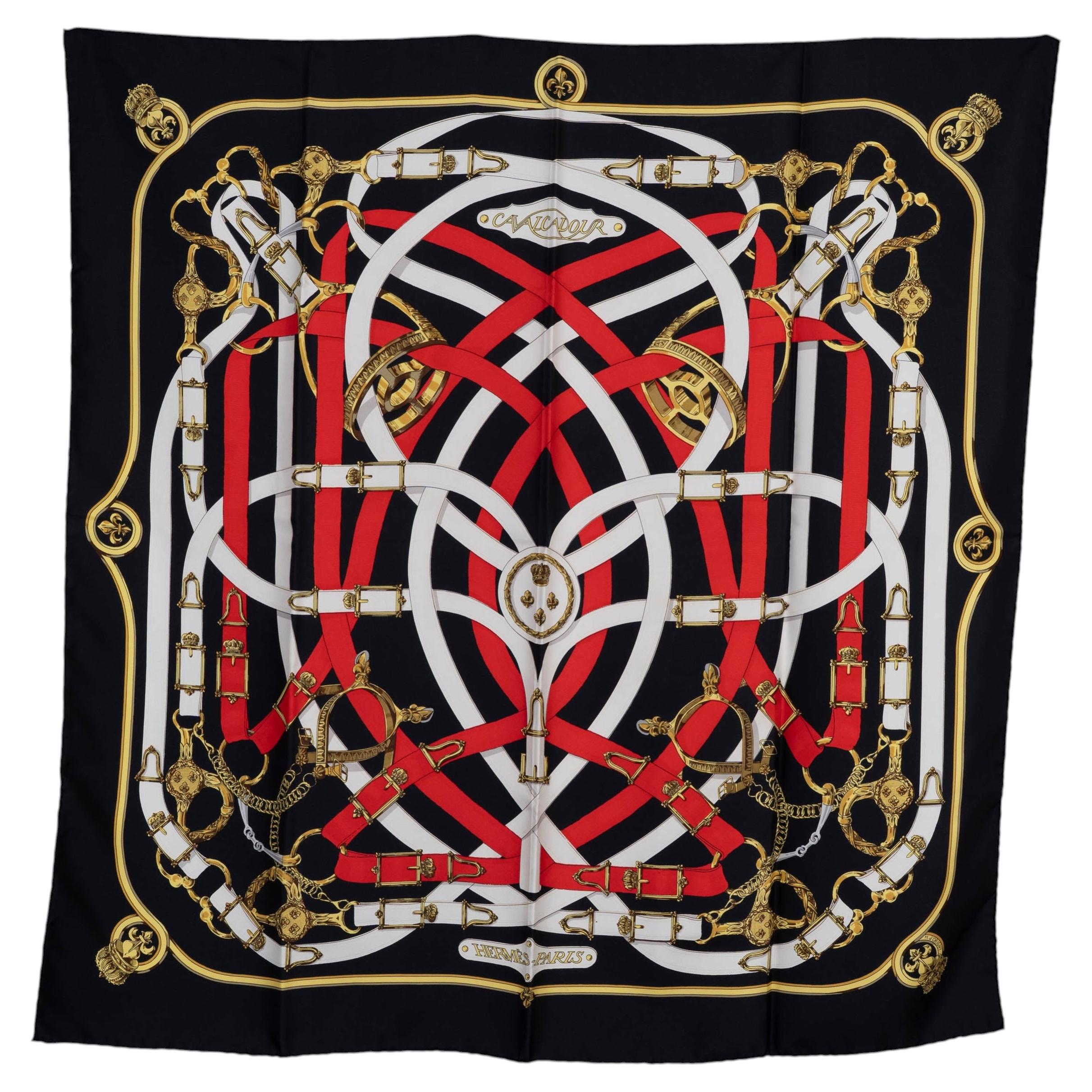 Sciarpa HERMES in seta nera CAVALCADOUR 90 Noir Blanc Rouge