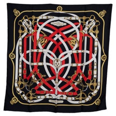 HERMES black silk CAVALCADOUR 90 Scarf Noir Blanc Rouge