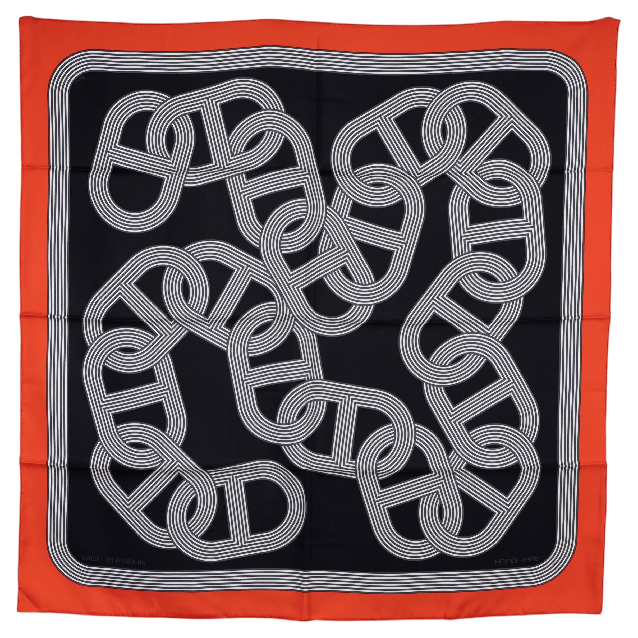 HERMES black silk CIRCUIT 24 90 Scarf Noir For Sale