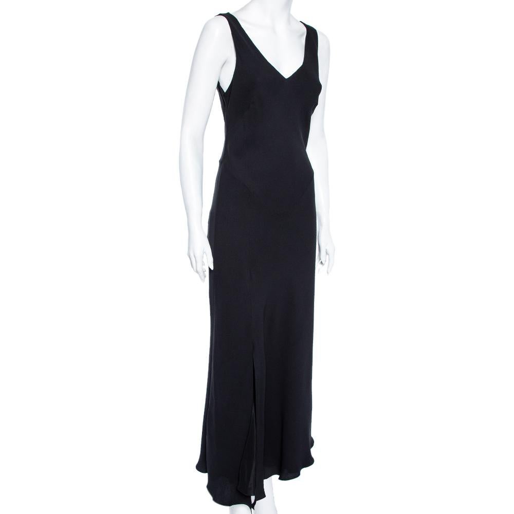 Hermés Black Silk Crepe Sleeveless V-neck Maxi Dress M In Good Condition In Dubai, Al Qouz 2