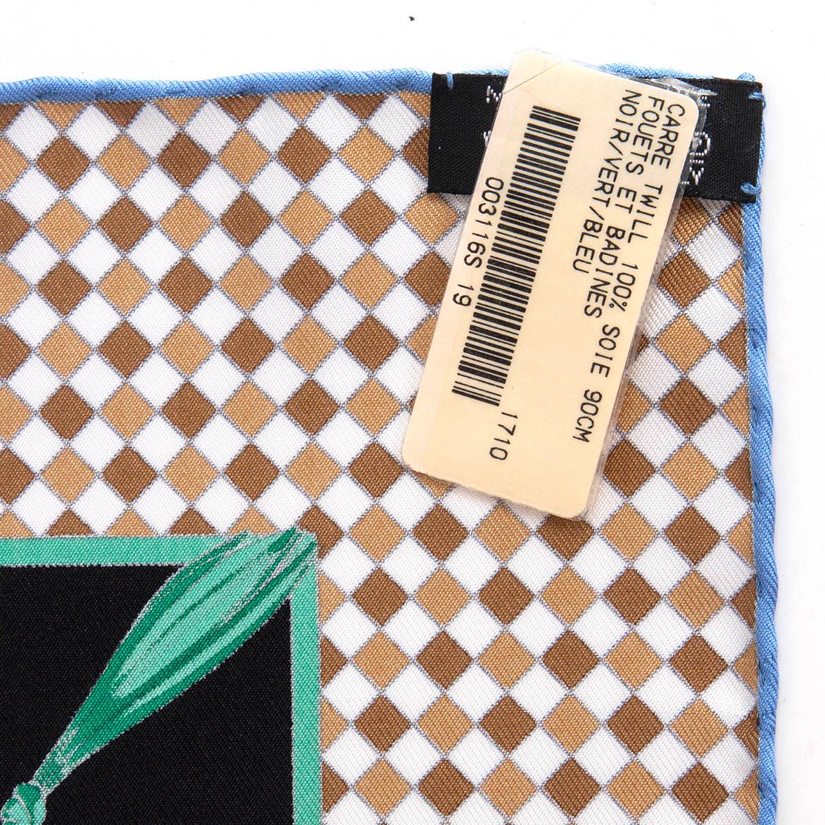Women's or Men's HERMES black silk FOUETS ET BADINES 90 TWILL Scarf Noir Vert Bleu