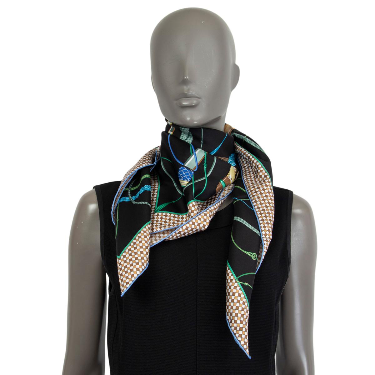 HERMES black silk FOUETS ET BADINES 90 TWILL Scarf Noir Vert Bleu 1