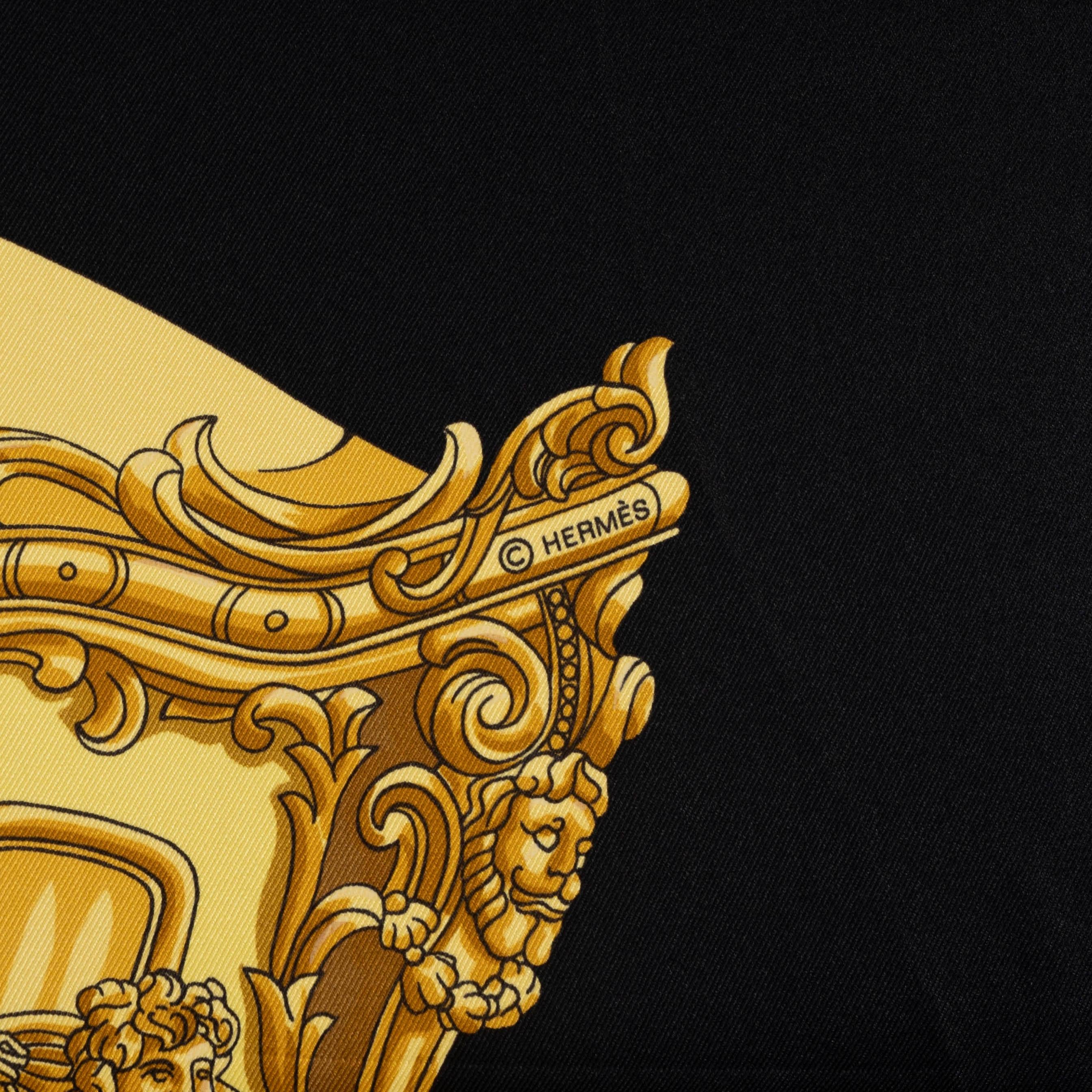 Black HERMES black silk GRAND CARROSSE POUR UN AMBASSADEUR 70 VINTAGE Scarf For Sale