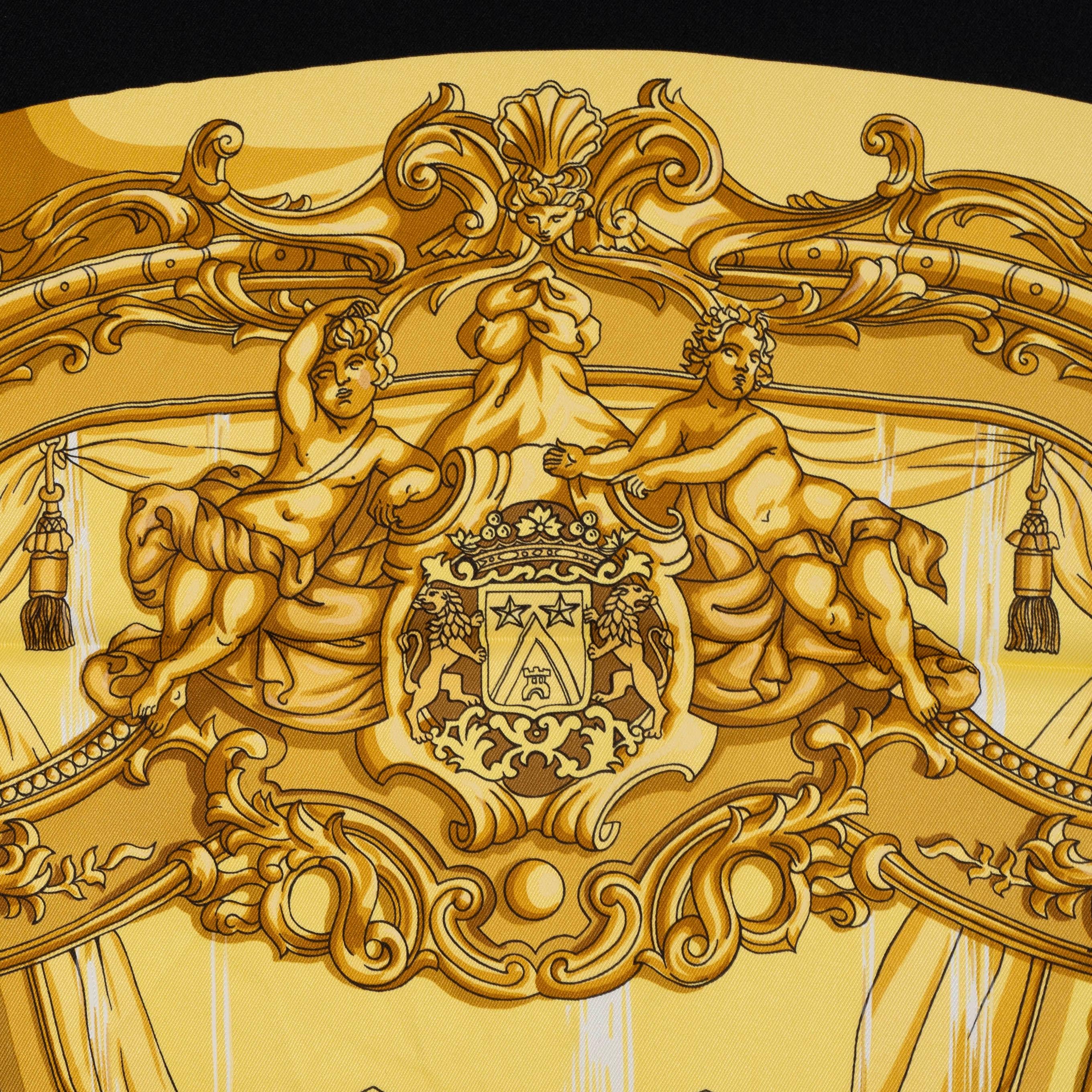 HERMES black silk GRAND CARROSSE POUR UN AMBASSADEUR 70 VINTAGE Scarf In Excellent Condition For Sale In Zürich, CH