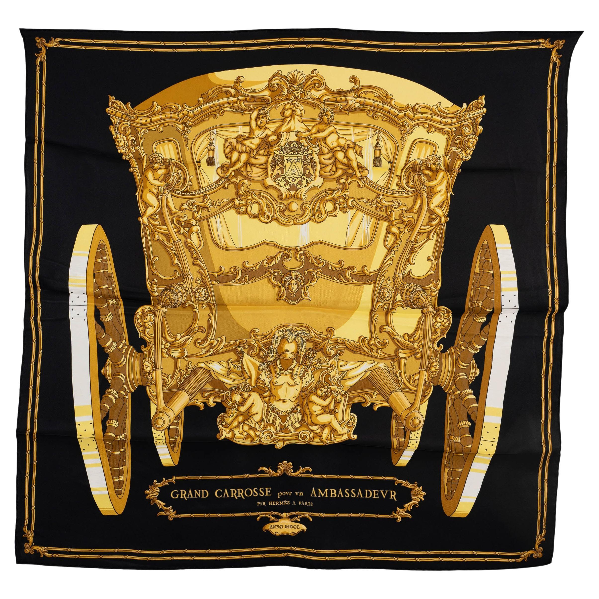 HERMES black silk GRAND CARROSSE POUR UN AMBASSADEUR 70 VINTAGE Scarf For Sale