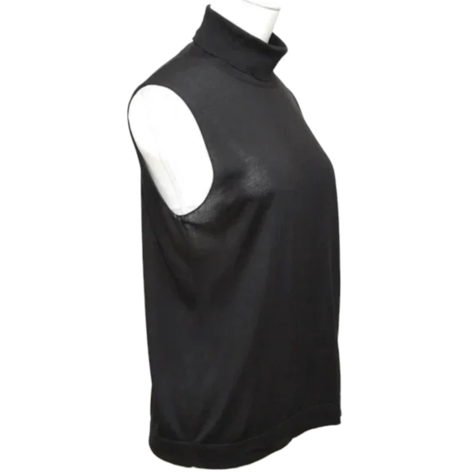 HERMES Black Silk Knit Sweater Top Sleeveless Turtleneck Vintage

Sz: M

Material: 100% silk, stretch to material

Measurements (Approximate laid flat):
- Underarm to Underarm, 18
