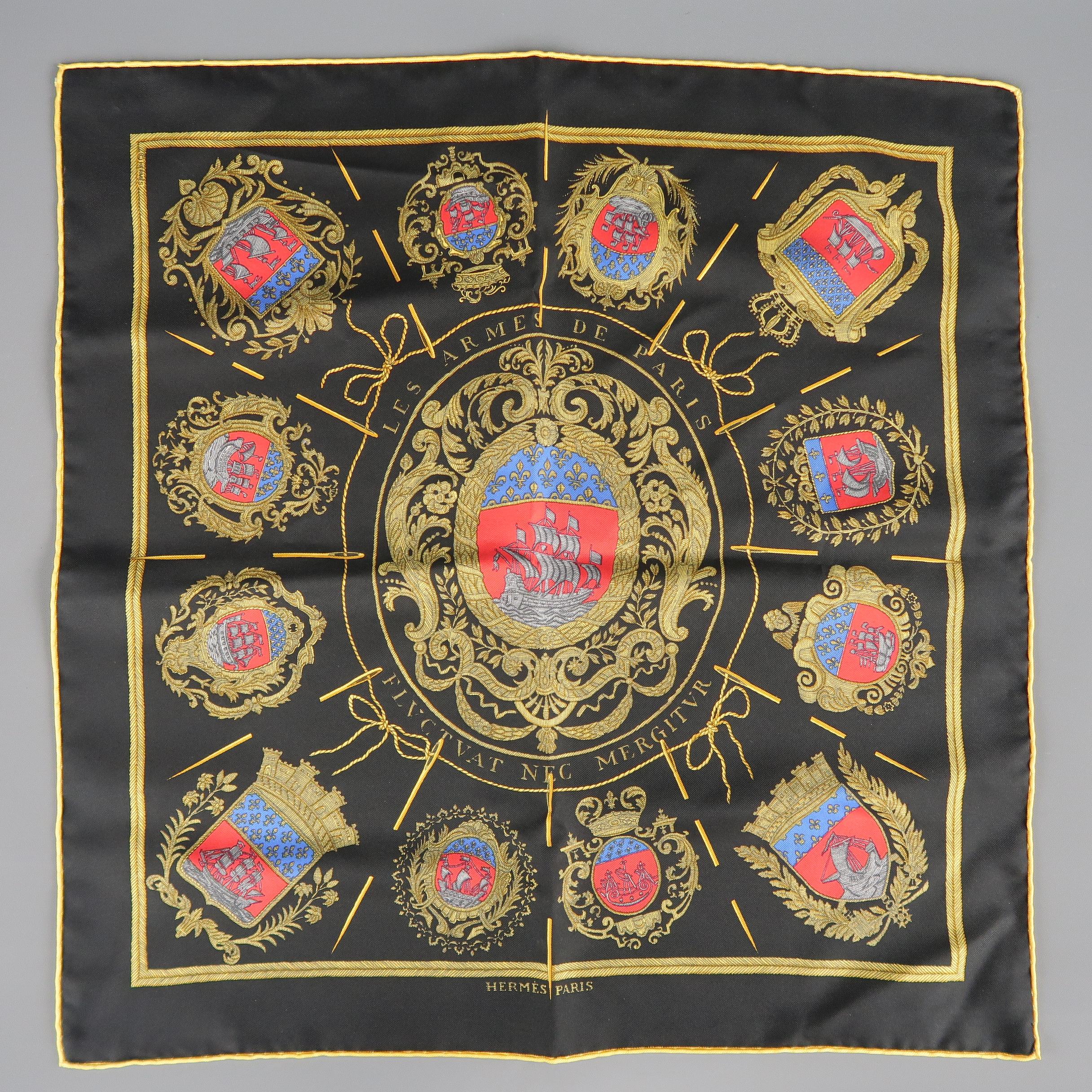 HERMES pocket square scarf comes in black silk twill with all over  