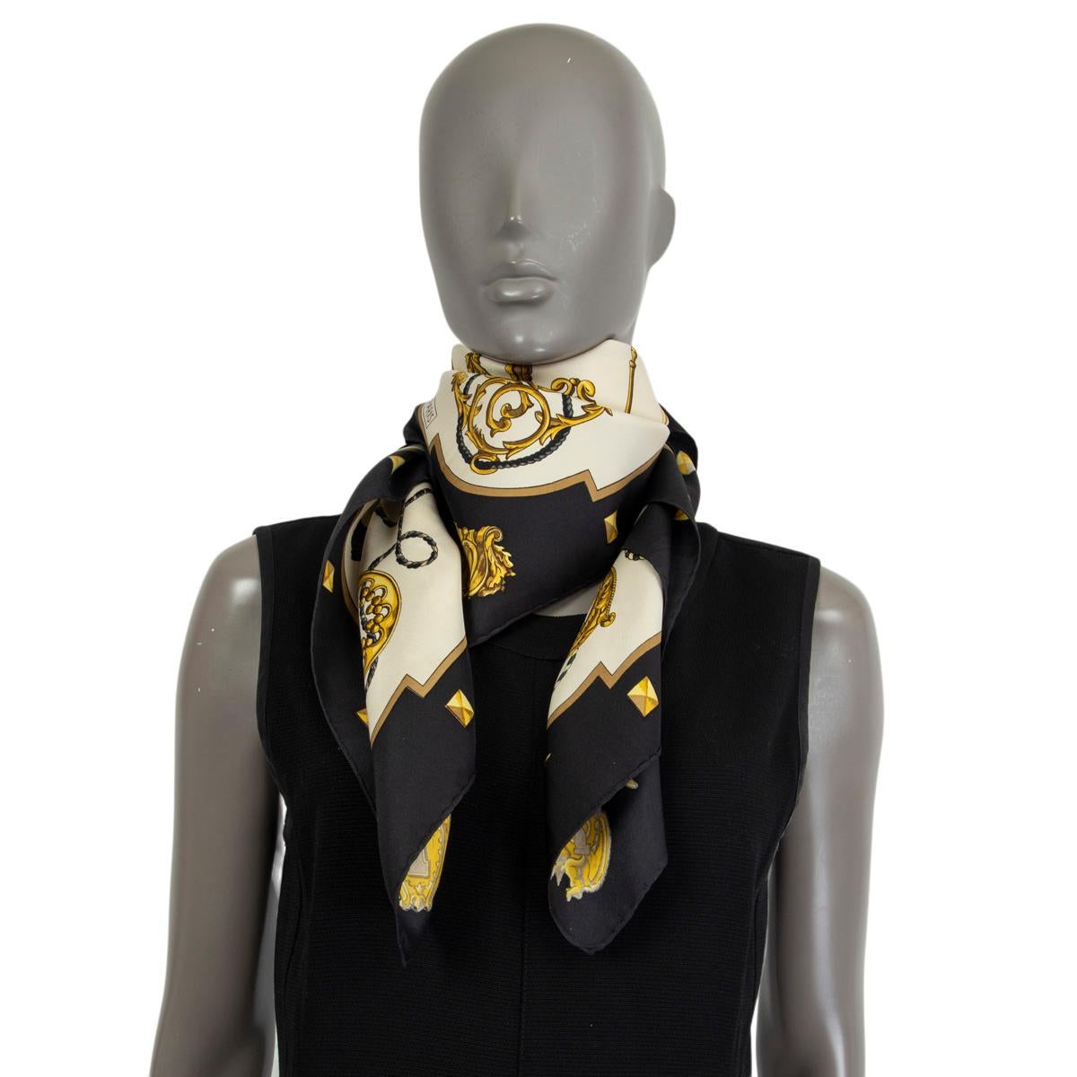 HERMES black silk LES CLES 90 TWILL Scarf 4