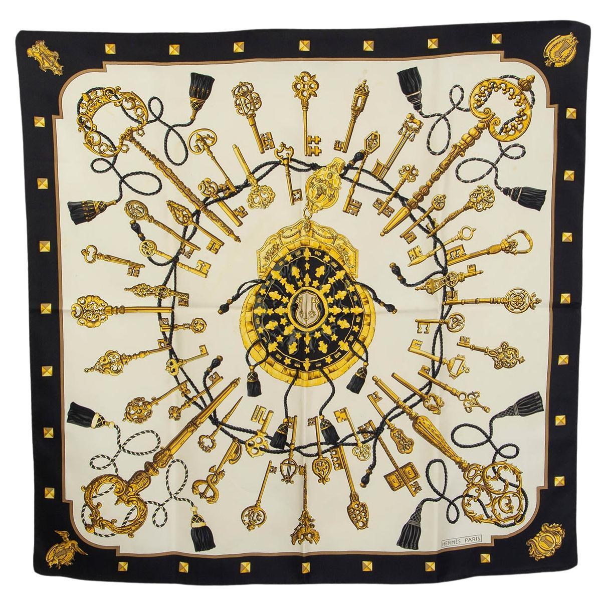 HERMES black silk LES CLES 90 TWILL Scarf