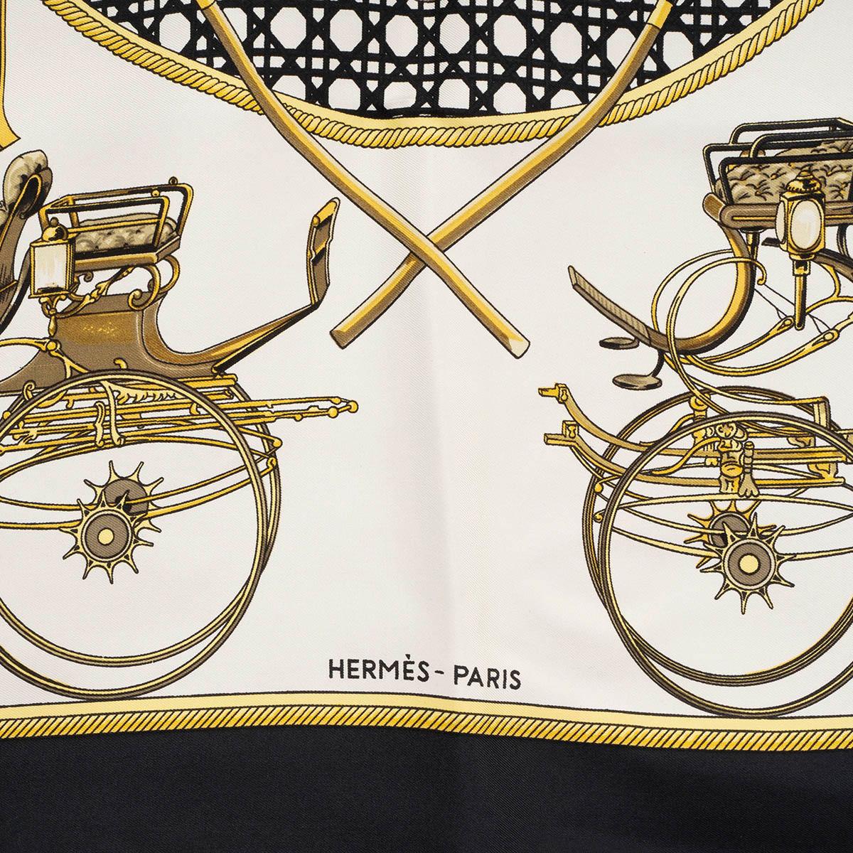HERMES black silk LES VOITURES A TRANSFORMATION 90 Twill Scarf In Good Condition For Sale In Zürich, CH