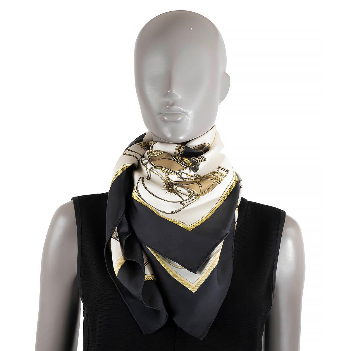 HERMES black silk LES VOITURES A TRANSFORMATION 90 Twill Scarf For Sale 4