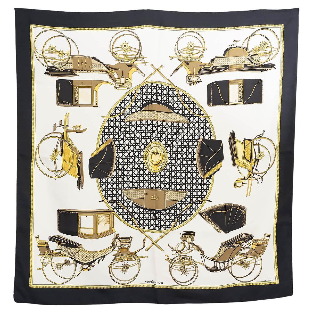 HERMES black silk LES VOITURES A TRANSFORMATION 90 Twill Scarf For Sale