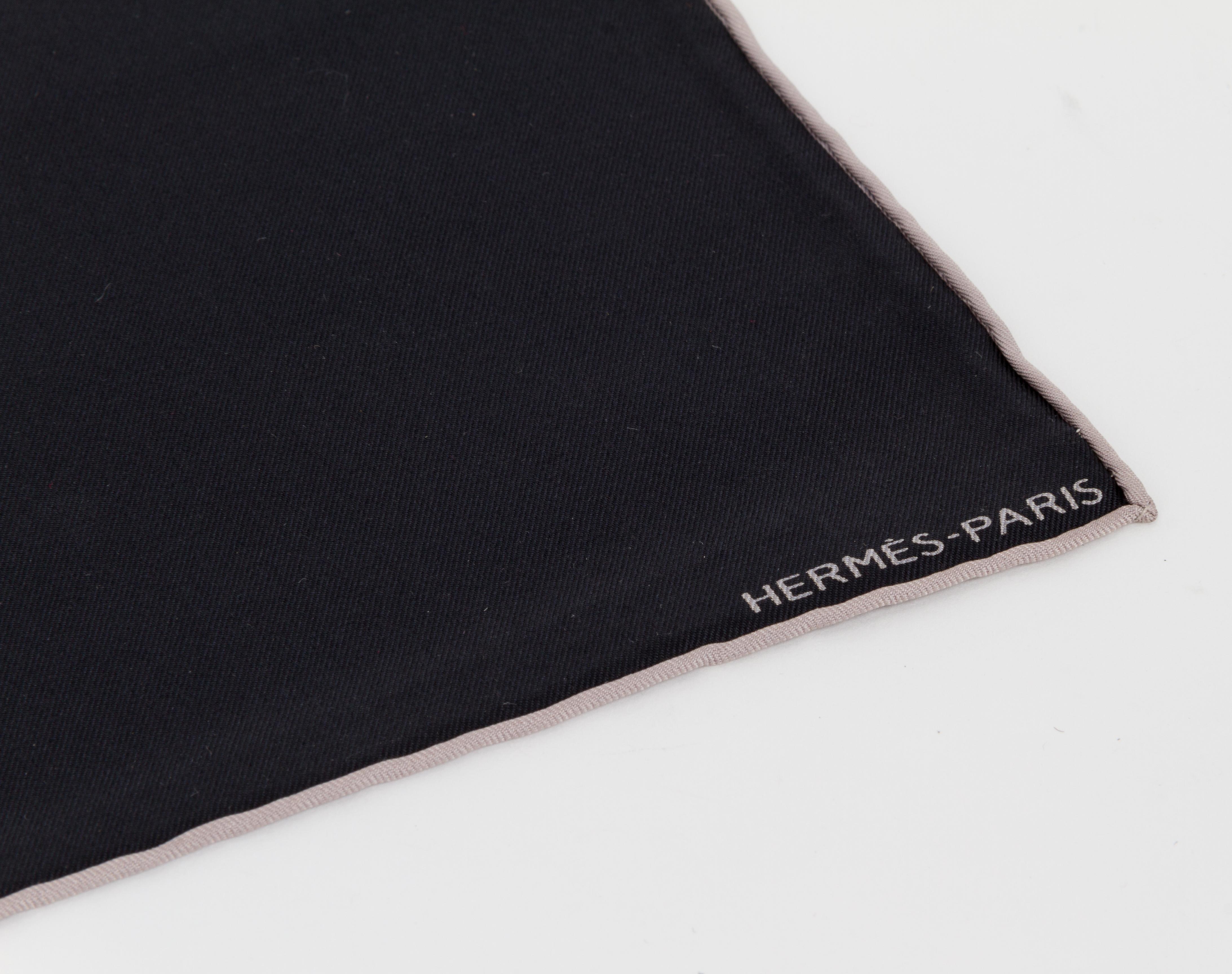 Hermès black square silk pocket scarf with grey hand-rolled trim.