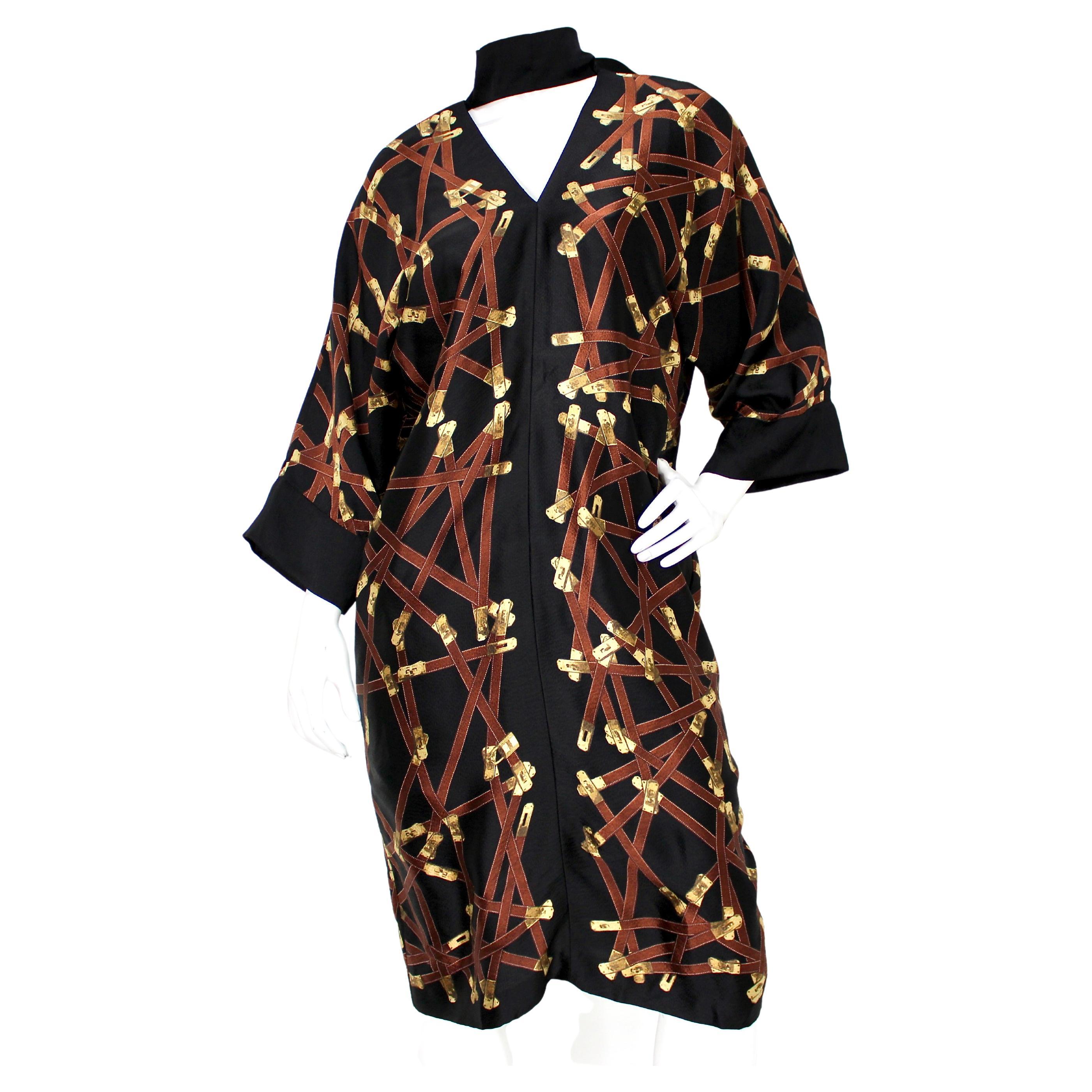 Hermes Black Silk Print Dress With Neck Tie circa 1990s