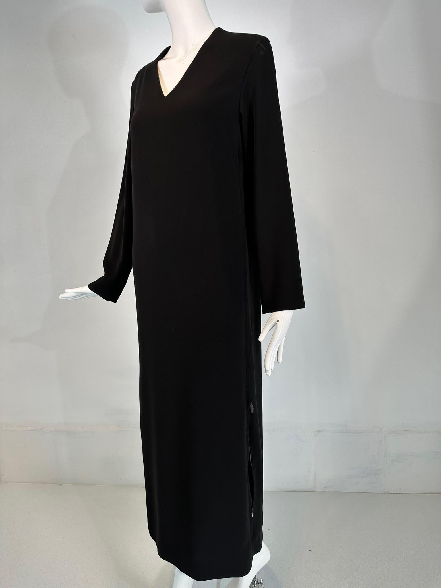 Hermes Black Silk V Neck Long Sleeve Maxi Dress with Full Length Side Zippers 38 In Good Condition For Sale In West Palm Beach, FL