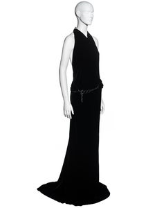Hermes black silk velvet halter neck evening dress with silver chain, fw 2007
