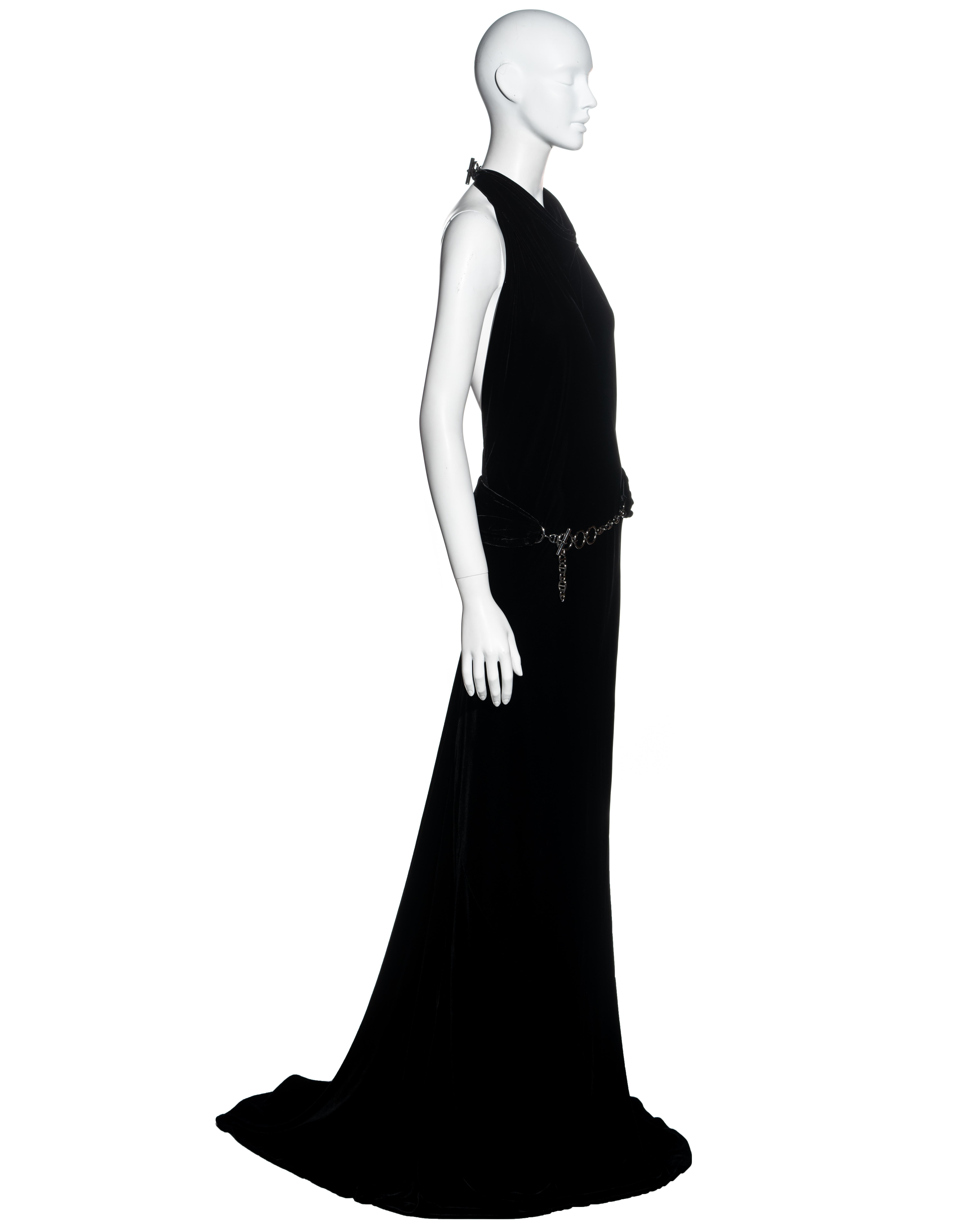 Hermes black silk velvet halter neck evening dress with silver chain, fw 2007 In Excellent Condition In London, GB
