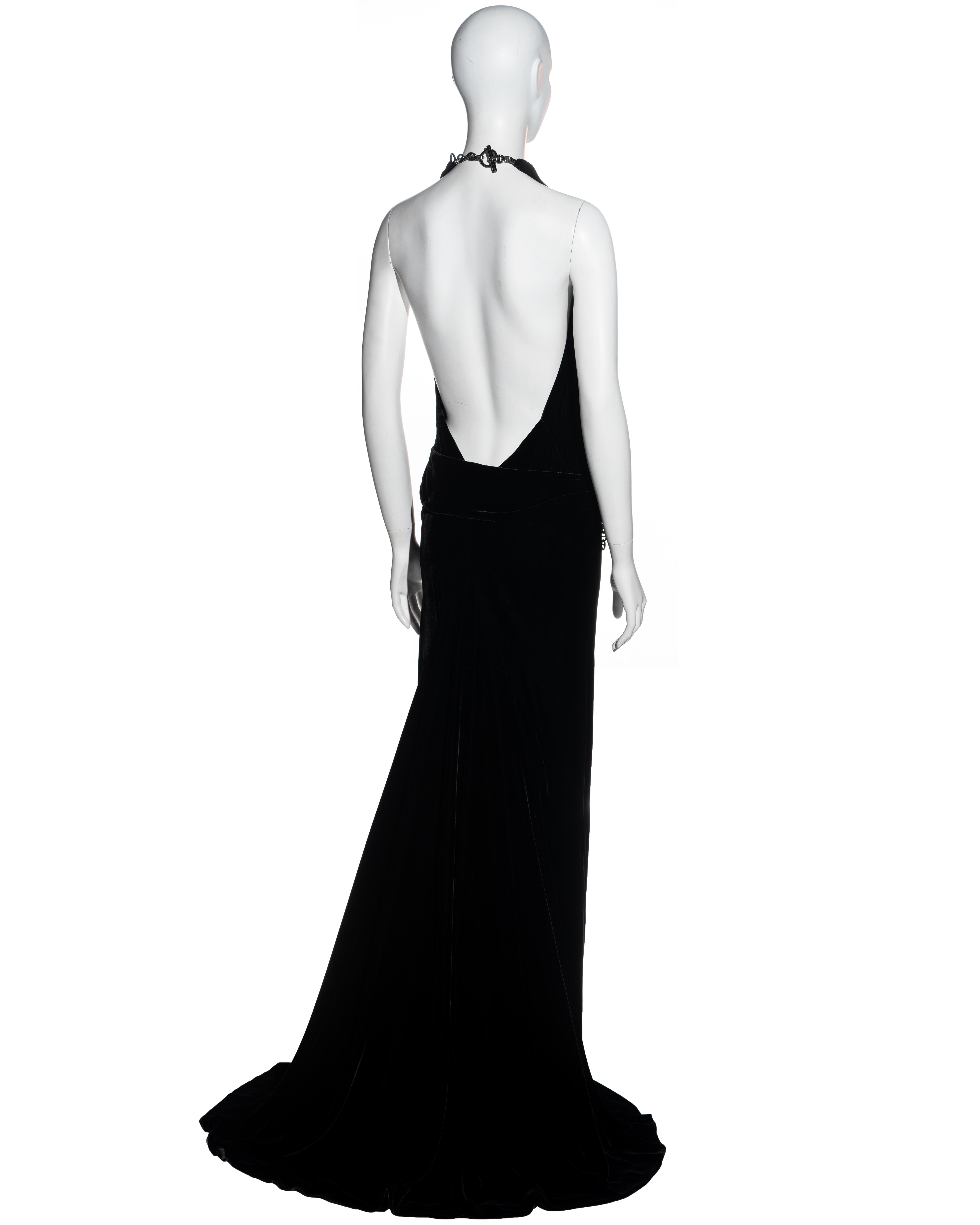 Women's Hermes black silk velvet halter neck evening dress with silver chain, fw 2007 For Sale