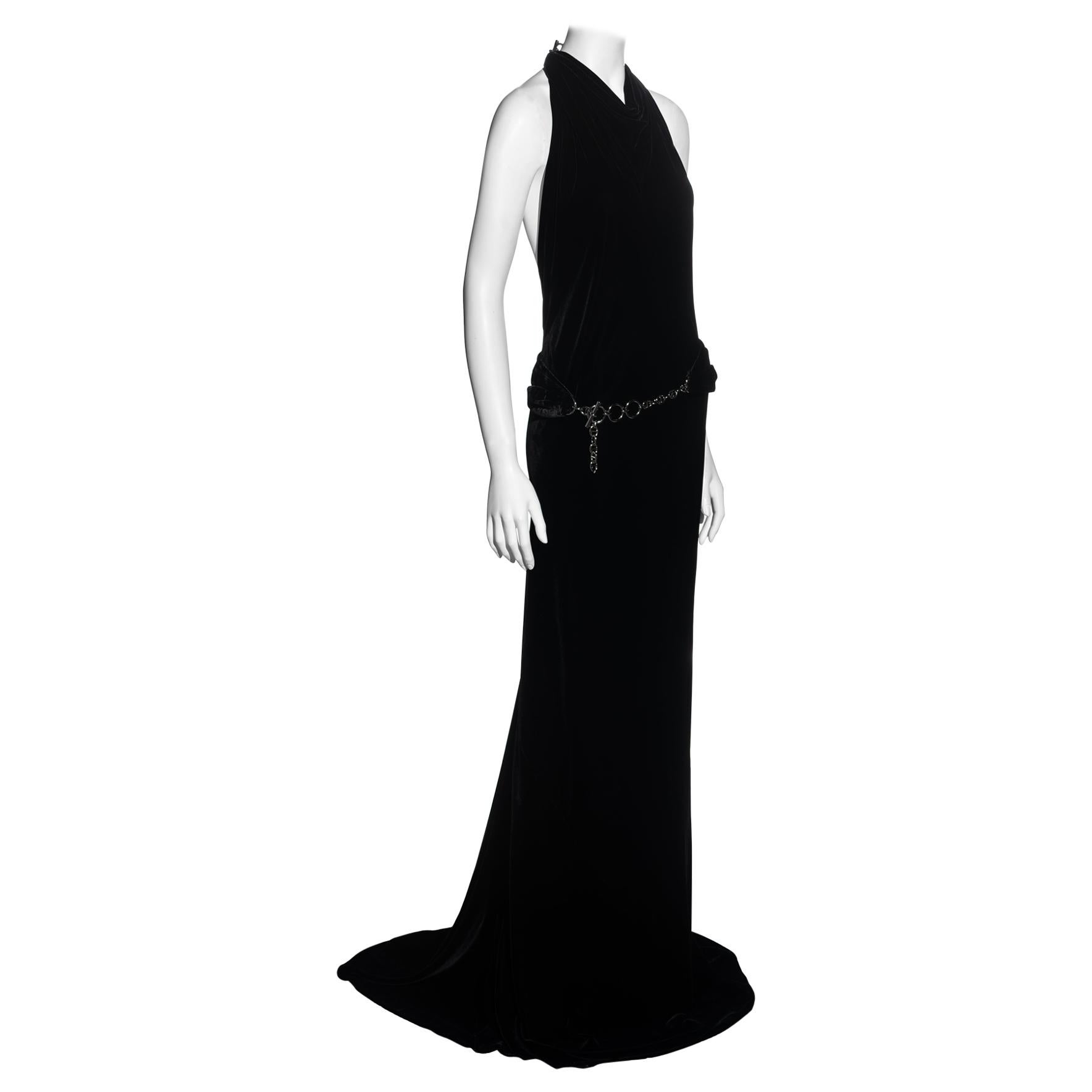Hermes black silk velvet halter neck evening dress with silver chain, fw 2007 For Sale