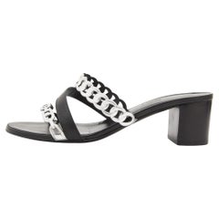 Hermes Black/Silver Leather Ajaccio Block Heel Slide Sandals Size 37