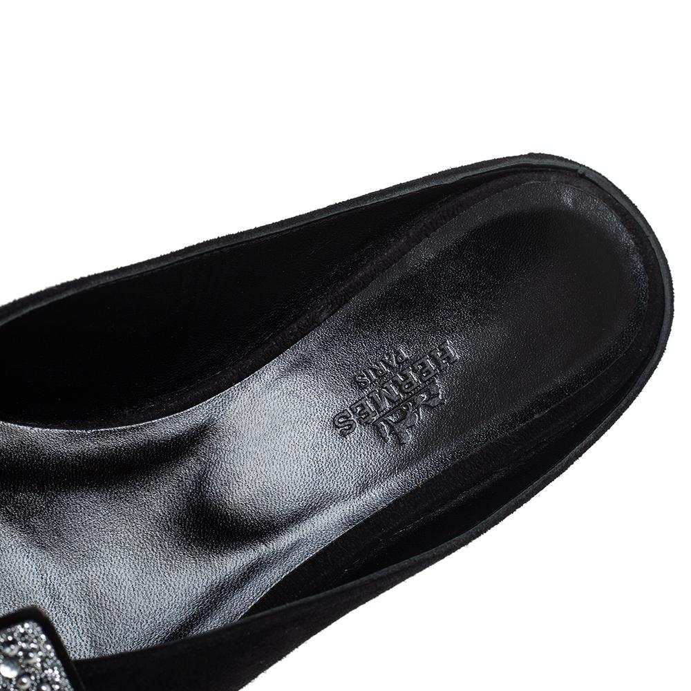 Hermes Black/Silver Suede And Crystal Roxane Mules Size 37 In Good Condition In Dubai, Al Qouz 2