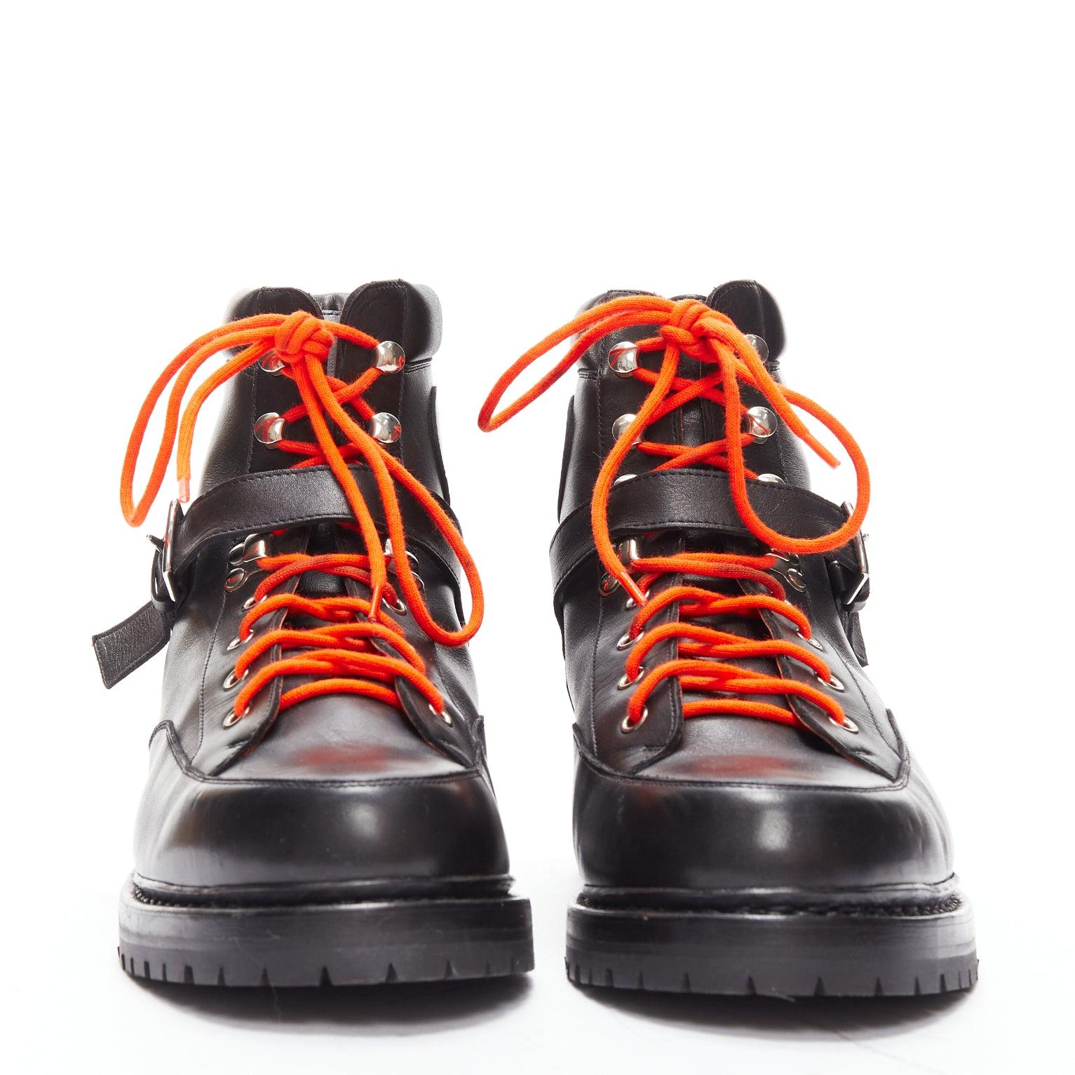 HERMES black smooth leather orange laced hiking boots EU42 In Good Condition For Sale In Hong Kong, NT
