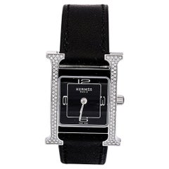 Hermès - Chaussures H en acier inoxydable noir et cuir avec diamants H  Montre-bracelet pour femme 21 mm