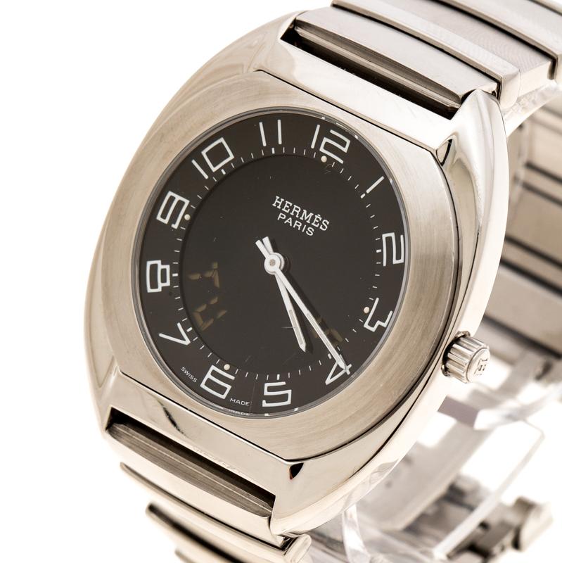 We have our eyes on this Hermes wristwatch for all the right reasons. It comes made from stainless steel and equipped with delighting features. The case has a sapphire crystal which protects the black dial having Arabic numeral hour markers, minute