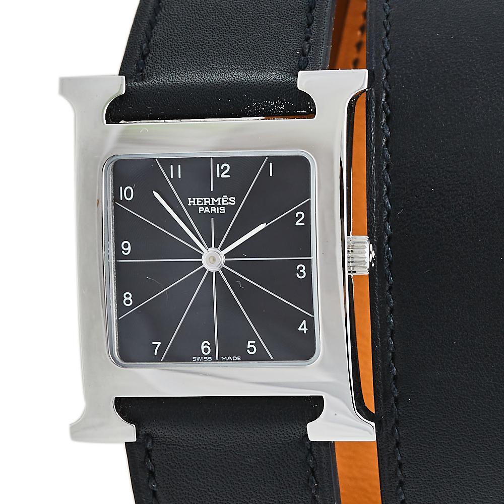 Hermès Black Stainless Steel Leather Wrap H HH1.510 Women's Wristwatch 26 MM In Excellent Condition In Dubai, Al Qouz 2