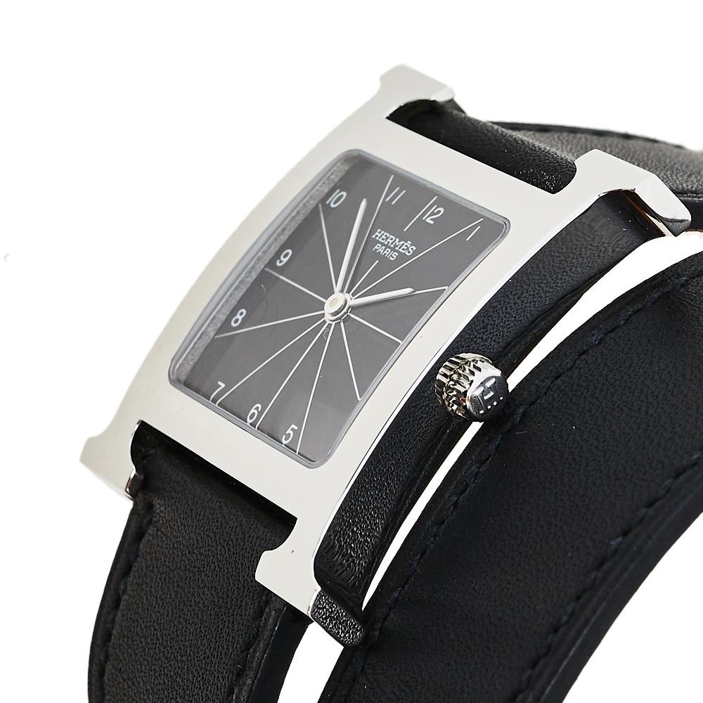 Hermès Black Stainless Steel Leather Wrap H HH1.510 Women's Wristwatch 26 MM 3