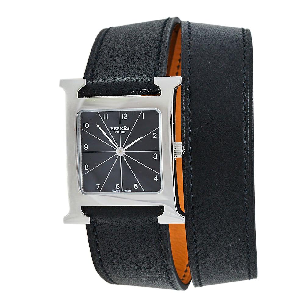 Hermès Black Stainless Steel Leather Wrap H HH1.510 Women's Wristwatch 26 MM
