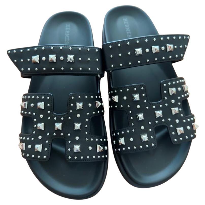 Hermes Black Studs Chypre Sandals For Sale