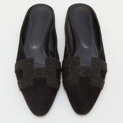 Hermes Schwarz Wildleder und Perlen Pulver Roxane flache Mules Größe 38