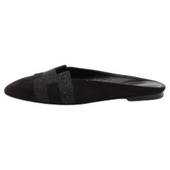Hermes Black Suede and Beads Powder Roxane Flat Mules Size 38