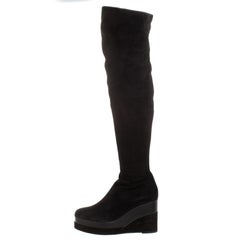 Hermes Black Suede And Leather Platform Wedge Over The Knee Boots Size 37