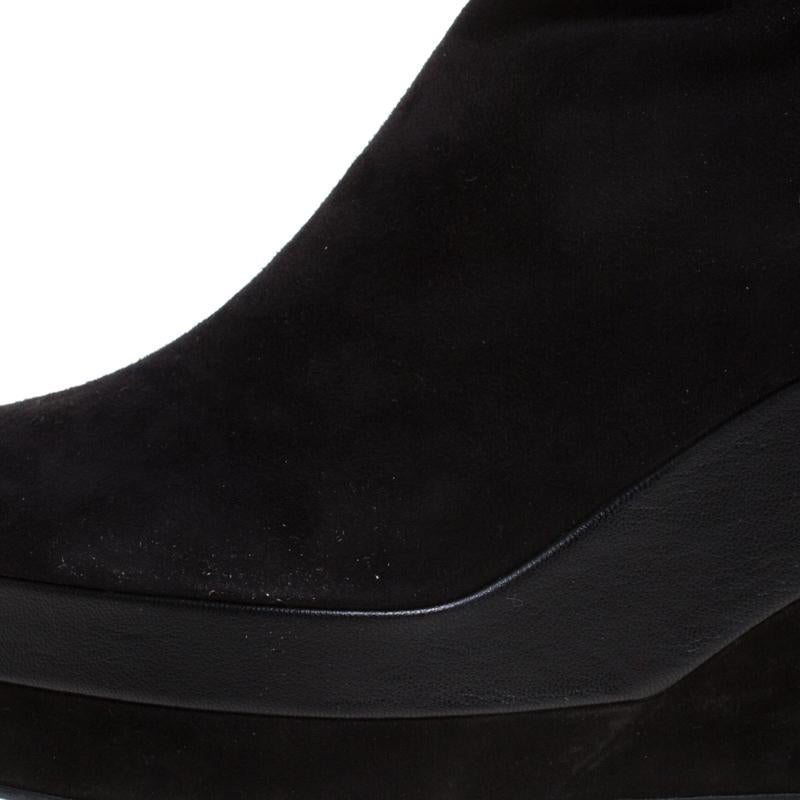 Hermes Black Suede And Leather Platform Wedge Over The Knee Boots Size 37 In Good Condition In Dubai, Al Qouz 2